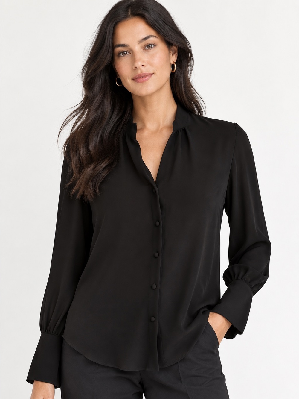 Nili Lotan XS 100% Silk Black V-Neck Blouse French Cuff Button Up